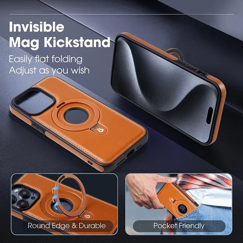 Funda magnética de cuero con soporte de anillo de Metal plegable para Magsafe IPhone 17 Air 16 15 14 13 Pro Max Plus 17Pro Mag cubierta de soporte seguro