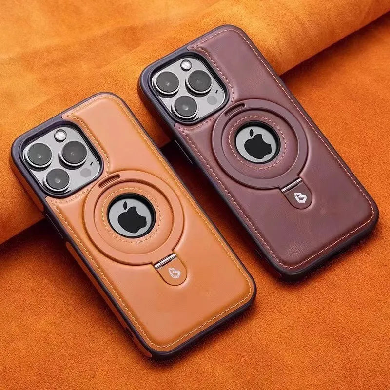 Funda magnética de cuero con soporte de anillo de Metal plegable para Magsafe IPhone 17 Air 16 15 14 13 Pro Max Plus 17Pro Mag cubierta de soporte seguro