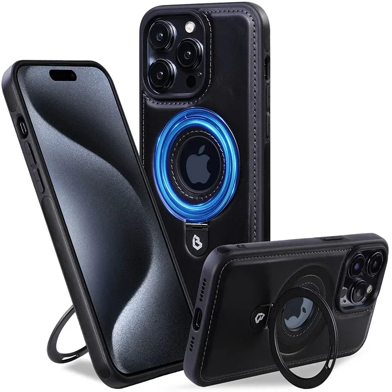 Funda magnética de cuero con soporte de anillo de Metal plegable para Magsafe IPhone 17 Air 16 15 14 13 Pro Max Plus 17Pro Mag cubierta de soporte seguro